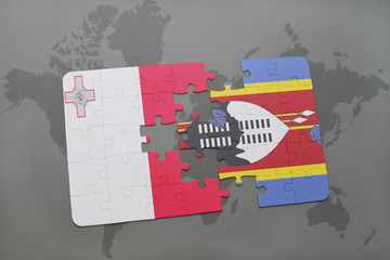 puzzle with the national flag of malta and swaziland on a world map