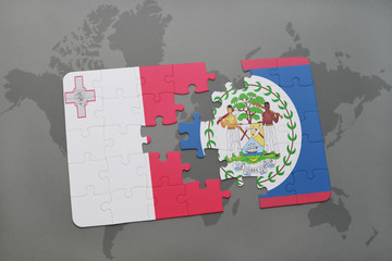 puzzle with the national flag of malta and belize on a world map