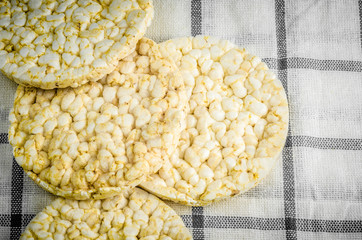 rice cake, puffed rice on table cloth