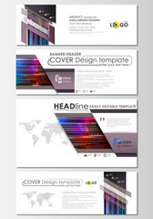 Social media and email headers set, modern banners. Abstract design template, vector layout in popular sizes. Glitched background made of colorful pixel mosaic. Digital decay, signal error.