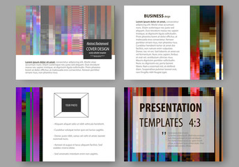 Business templates for presentation slides. Abstract layouts in vector design. Glitched background made of colorful pixel mosaic. Digital decay, signal error, television fail. Trendy glitch backdrop.