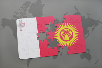 puzzle with the national flag of malta and kyrgyzstan on a world map