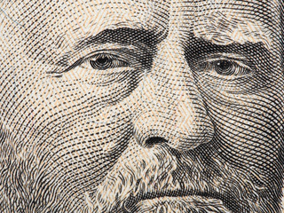 US president Ulysses Grant portrait on fifty dollar bill extreme macro, 50 usd, united states money...