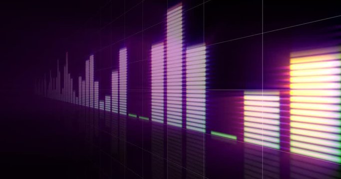 4K 3D tracking shot of audio equalizer bars against black passing past the camera at an angle