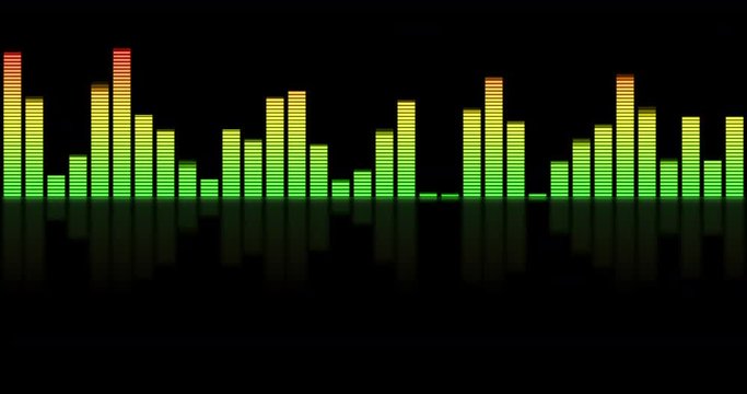 Audio visualizer bars in center frame against black with light reflection in front