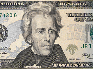 US president Andrew Jackson face on USA twenty dollar bill close up, 20 usd, United States of America money closeup