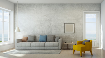 Sea view living room with concrete wall in modern beach house, Luxury interior of vacation home - 3D rendering