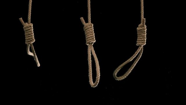 Three rope nooses falling into frame shot in slow motion against black