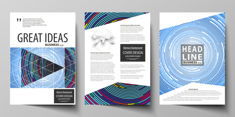 Business templates for brochure, magazine, flyer, booklet or report. Cover design template, abstract vector layout in A4 size. Blue color background in minimalist style made from colorful circles.