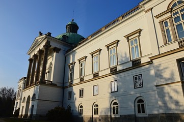 Late afternoon view on front side of castle Topolcianky, Slovakia, during winter season 