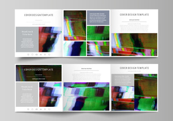 Business templates for tri fold square design brochures. Leaflet cover, abstract vector layout. Glitched background made of colorful pixel mosaic. Digital decay, signal error, television fail.