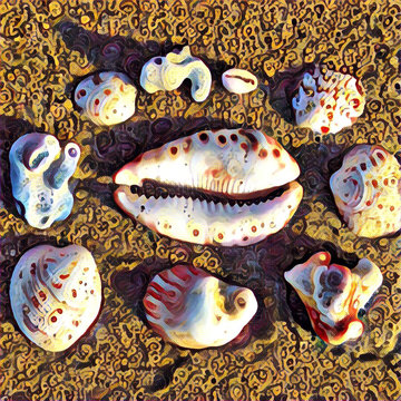 Shells collection on the yellow beach sand. Summer vacation by the sea memories.