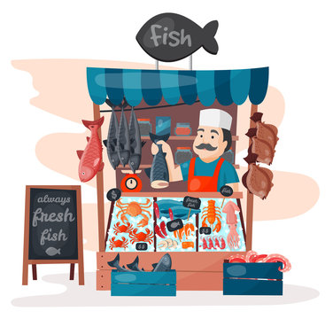 Retro Fish Street Shop Store Market With Freshness Seafood In Fridge Traditional Asian Meal And Man Dealer Business Person Meat Seller Vector Illustration.