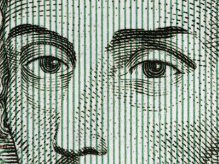 Frederic Chopin (1810 – 1849) portrait on Poland 5000 Zloty (1988) banknote extreme macro, Polish money close up