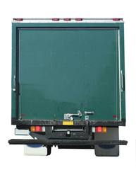 Rear view of closed green delivery truck.