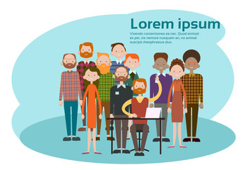 Obraz premium Business Man Sitting Desk Work Laptop Computer People Group Flat Vector Illustration