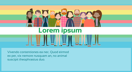 Group Casual People Big Crowd Diverse Ethnic Mix Race Banner Flat Vector illustration