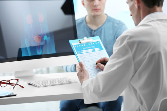 Urology concept. Doctor looking at laboratory test results and talking with patient