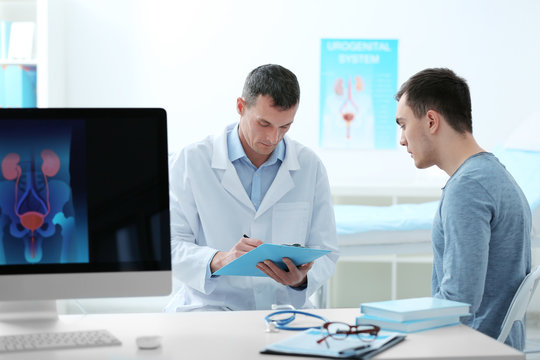Man with urology problem visiting doctor at hospital
