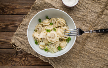 Meat dumplings - russian pelmeni, ravioli with meat on a white plate