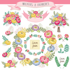 Vector illustration of a floral frame collection. A set of beautiful wreath with flowers and branches for wedding invitations and birthday cards				