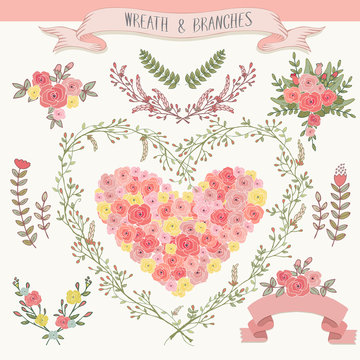 Vector illustration of a floral frame collection. A set of beautiful heart shaped wreath with flowers and branches for wedding invitations and birthday cards				