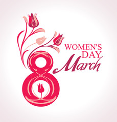 Symbol Eight with flower tulips. 8 March. Women's Day.  Vector template of card, poster, postcard, invitation.