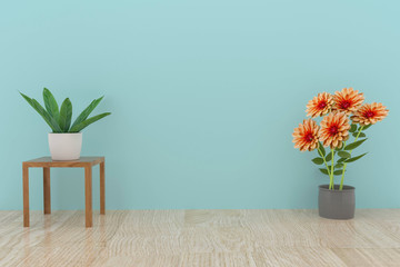 flower and houseplant decoration in empty room interior design in 3D rendering