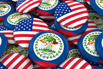 Obraz premium USA and Belize Badges Background - Pile of American and Belizean Flag Buttons 3D Illustration