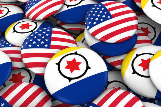 USA and Bonaire Badges Background - Pile of American and Bonaire Flag Buttons 3D Illustration