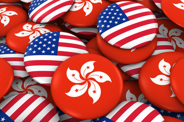 USA and Hong Kong Badges Background - Pile of American and Hong Kongese Flag Buttons 3D Illustration