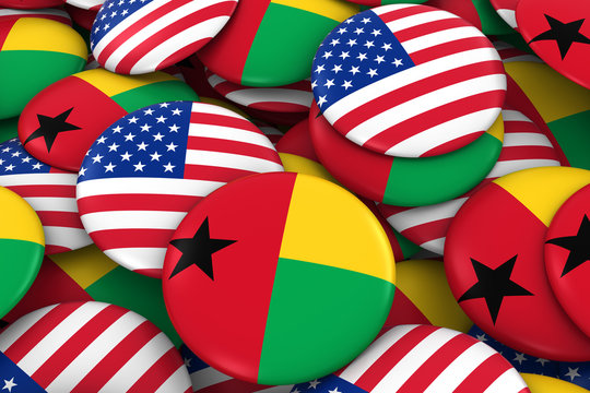 USA and Guinea-Bissau Badges Background - Pile of American and Bissau-Guinean Flag Buttons 3D Illustration