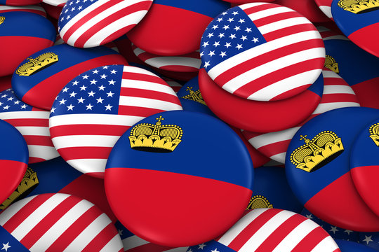 USA and Liechtenstein Badges Background - Pile of American and Liechtenstein Flag Buttons 3D Illustration