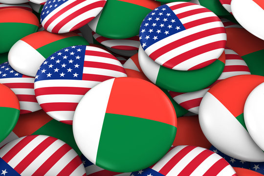 USA and Madagascar Badges Background - Pile of American and Malagasy Flag Buttons 3D Illustration