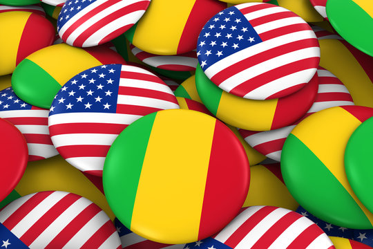USA and Mali Badges Background - Pile of American and Malian Flag Buttons 3D Illustration