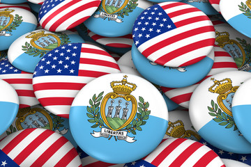 USA and San Marino Badges Background - Pile of American and Sammarinese Flag Buttons 3D Illustration