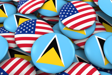 USA and Saint Lucia Badges Background - Pile of American and Saint Lucian Flag Buttons 3D Illustration