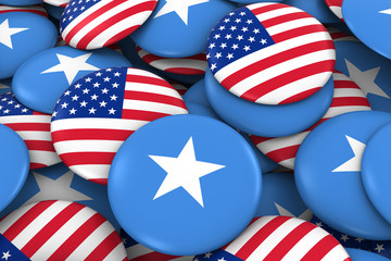 USA and Somalia Badges Background - Pile of American and Somali Flag Buttons 3D Illustration