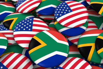 USA and South Africa Badges Background - Pile of American and South African Flag Buttons 3D Illustration