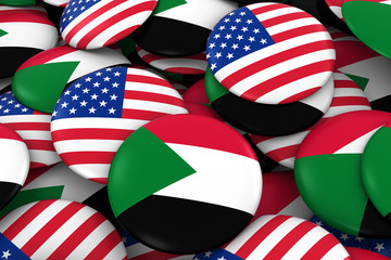 USA and Sudan Badges Background - Pile of American and Sudanese Flag Buttons 3D Illustration