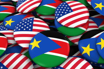 USA and South Sudan Badges Background - Pile of American and South Sudanese Flag Buttons 3D Illustration