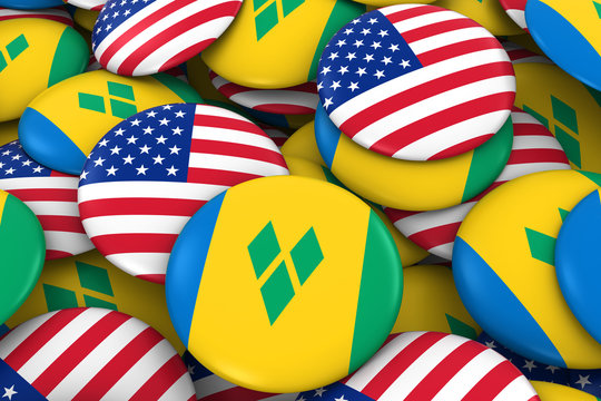 USA and Saint Vincent and the Grenadines Badges Background - Pile of American and Vincentian Flag Buttons 3D Illustration