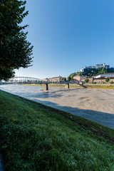 Mozart bridge (Mozartsteg) and Salzach river in Salzburg, Austri