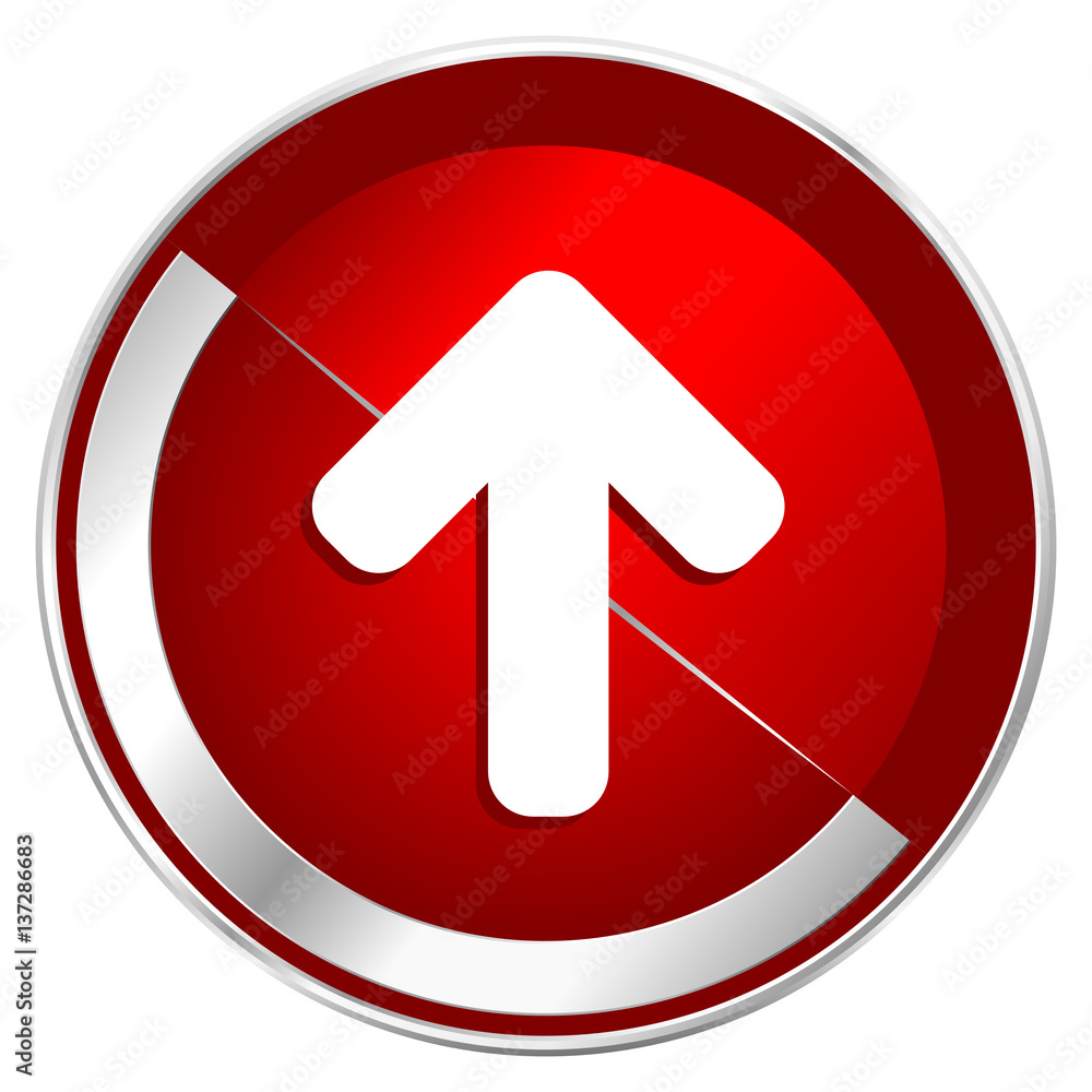 Poster up arrow red web icon. metal shine silver chrome border round button isolated on white background. c