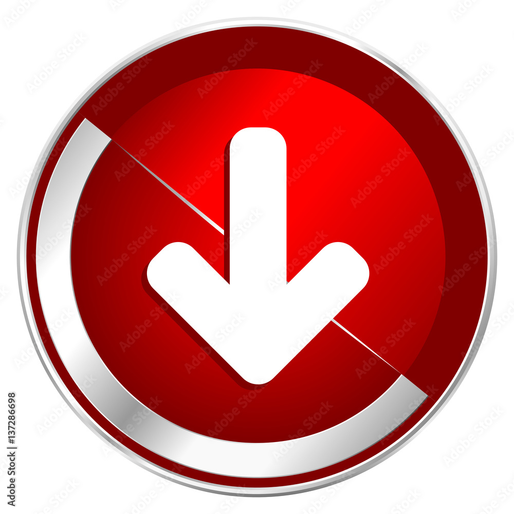 Poster download arrow red web icon. metal shine silver chrome border round button isolated on white backgro