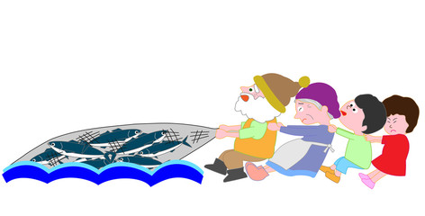 網漁を手伝う子供たち