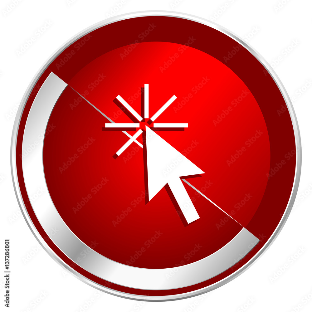 Poster click here red web icon. metal shine silver chrome border round button isolated on white background.