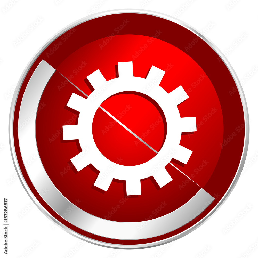 Poster gear red web icon. metal shine silver chrome border round button isolated on white background. circl
