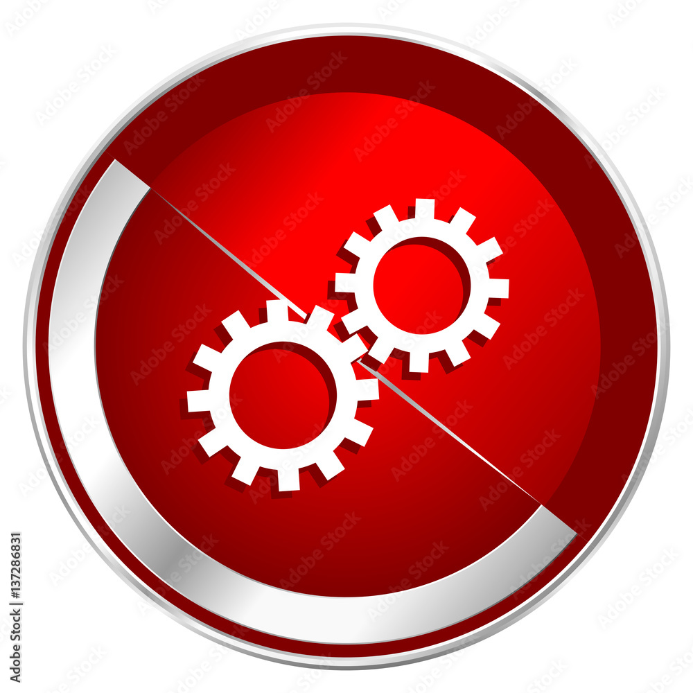 Aufkleber gear red web icon. metal shine silver chrome border round button isolated on white background. circl