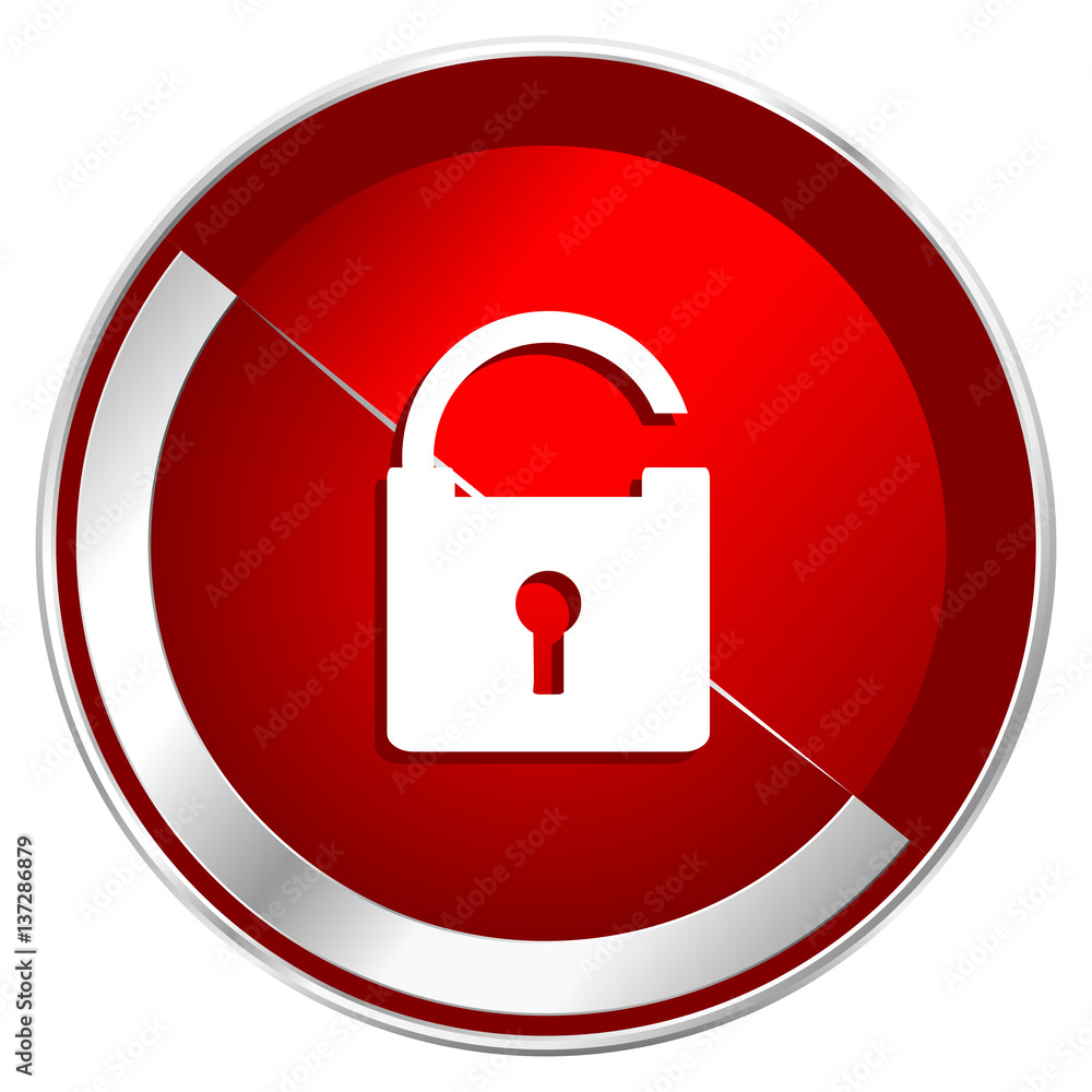 Poster padlock red web icon. metal shine silver chrome border round button isolated on white background. ci